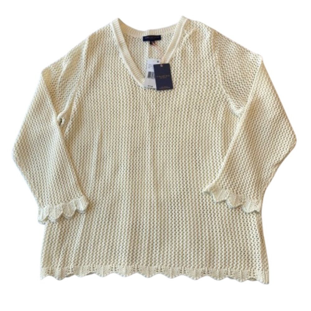 Skies Are Blue Crochet Open Knit V-Neck Sweater Womens Plus 1X Ivory NWT